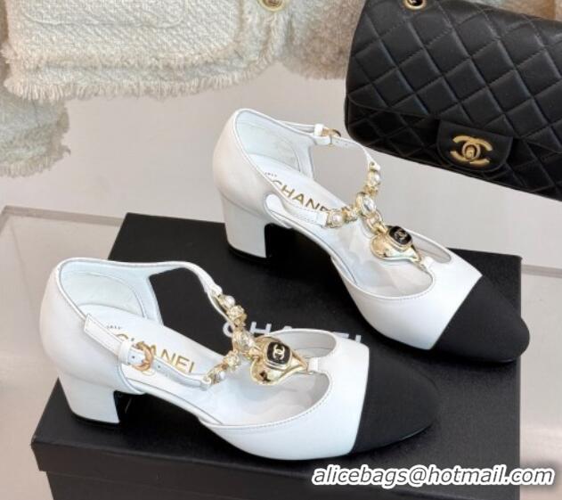 Lowest Price Chanel Lambskin & Grosgrain Mary Janes Pumps 5.5cm with Heart Chain Charm White 2025 CH041723