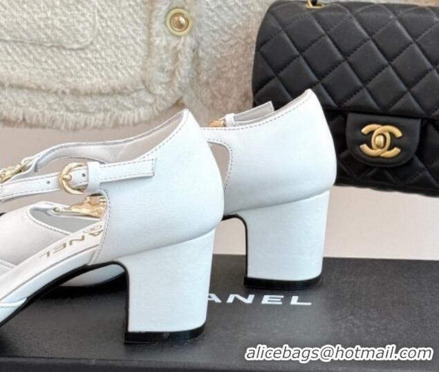 Lowest Price Chanel Lambskin & Grosgrain Mary Janes Pumps 5.5cm with Heart Chain Charm White 2025 CH041723