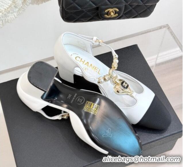 Lowest Price Chanel Lambskin & Grosgrain Mary Janes Pumps 5.5cm with Heart Chain Charm White 2025 CH041723
