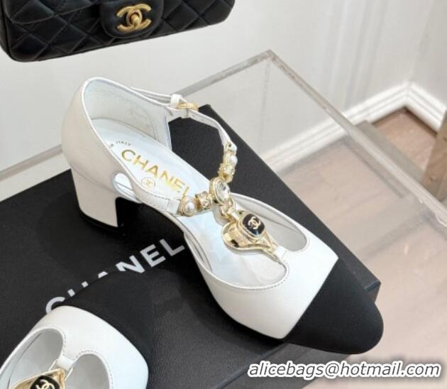 Lowest Price Chanel Lambskin & Grosgrain Mary Janes Pumps 5.5cm with Heart Chain Charm White 2025 CH041723