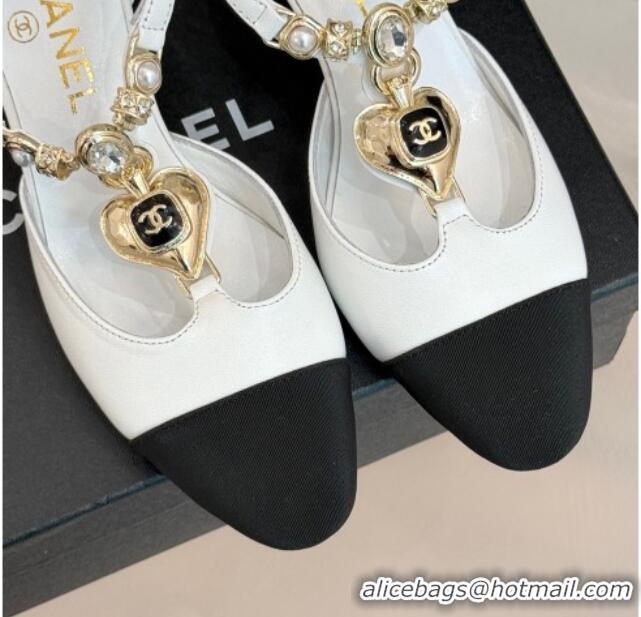 Lowest Price Chanel Lambskin & Grosgrain Mary Janes Pumps 5.5cm with Heart Chain Charm White 2025 CH041723