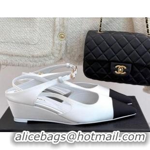 Buy Cheapest Chanel Satin & Grosgrain Wedge Slingbacks White 2025 CH041724