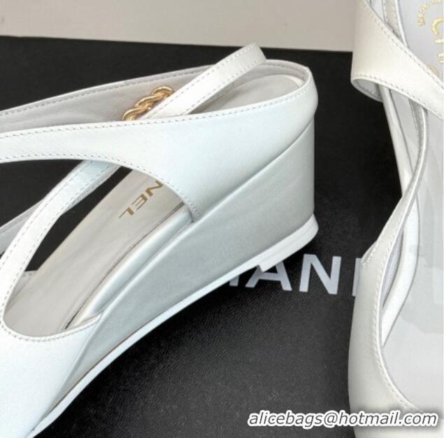 Buy Cheapest Chanel Satin & Grosgrain Wedge Slingbacks White 2025 CH041724