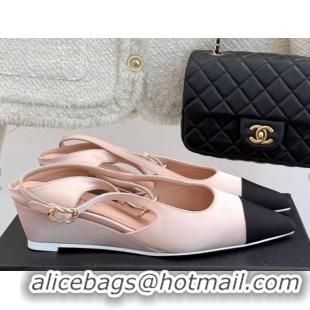 Luxury Cheap Chanel Satin & Grosgrain Wedge Slingbacks Light Pink 2025 CH041724