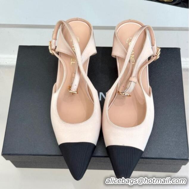 Luxury Cheap Chanel Satin & Grosgrain Wedge Slingbacks Light Pink 2025 CH041724