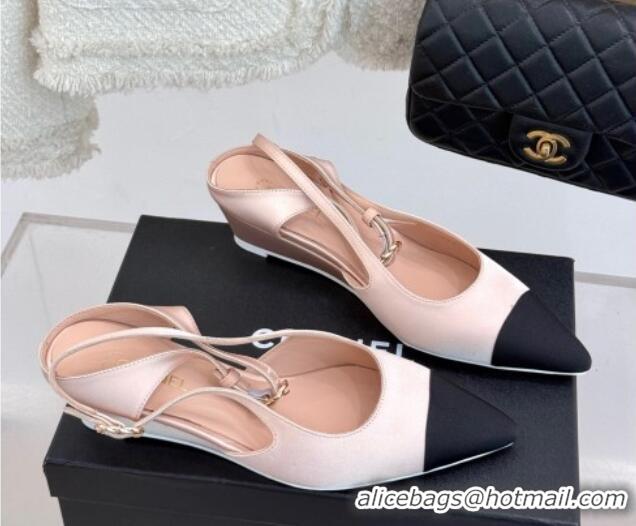 Luxury Cheap Chanel Satin & Grosgrain Wedge Slingbacks Light Pink 2025 CH041724