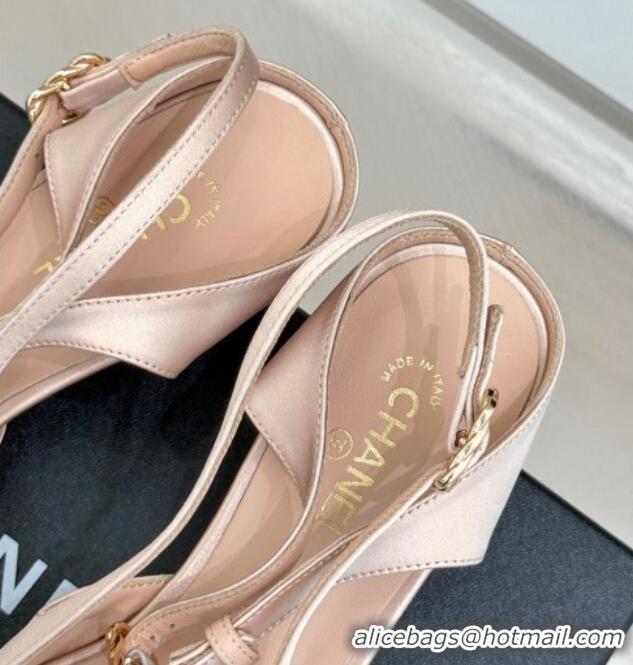 Luxury Cheap Chanel Satin & Grosgrain Wedge Slingbacks Light Pink 2025 CH041724