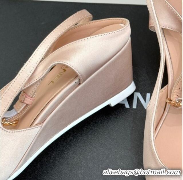 Luxury Cheap Chanel Satin & Grosgrain Wedge Slingbacks Light Pink 2025 CH041724