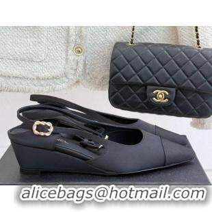 Good Product Chanel Satin & Grosgrain Wedge Slingbacks Black 2025 CH041724