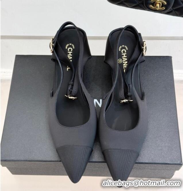 Good Product Chanel Satin & Grosgrain Wedge Slingbacks Black 2025 CH041724