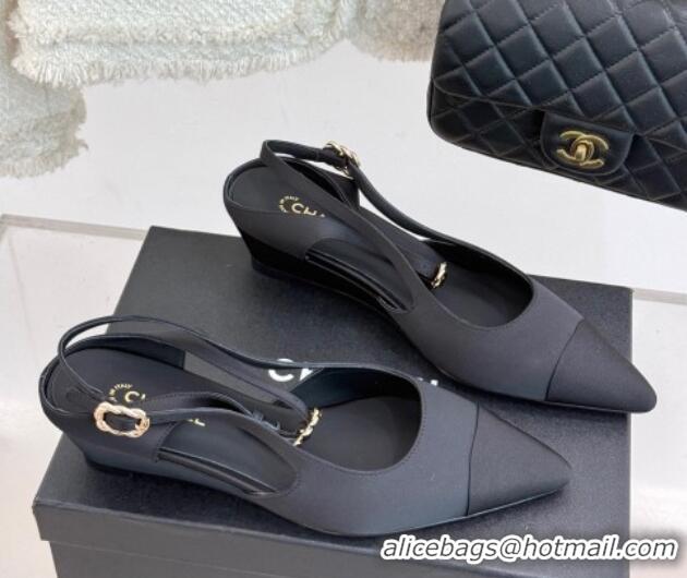 Good Product Chanel Satin & Grosgrain Wedge Slingbacks Black 2025 CH041724