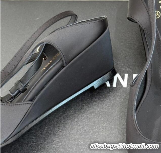 Good Product Chanel Satin & Grosgrain Wedge Slingbacks Black 2025 CH041724