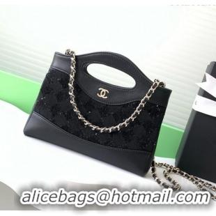 Shop Grade Chanel Sequins East-West Mini 31 Shopping Bag AS3656 Black 2025