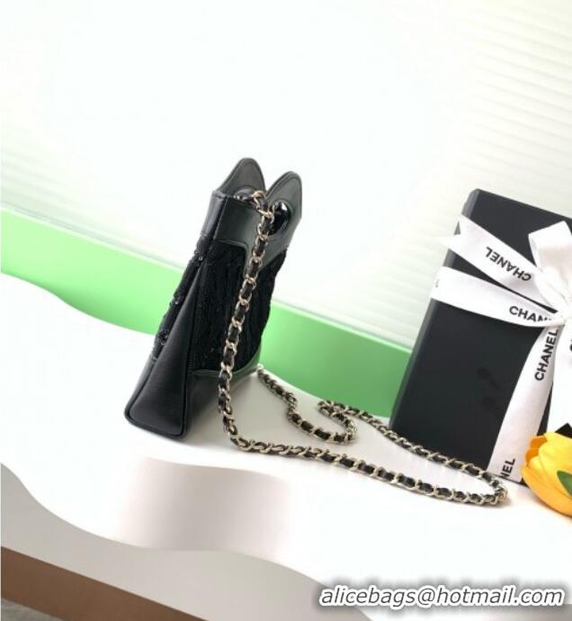 Shop Grade Chanel Sequins East-West Mini 31 Shopping Bag AS3656 Black 2025