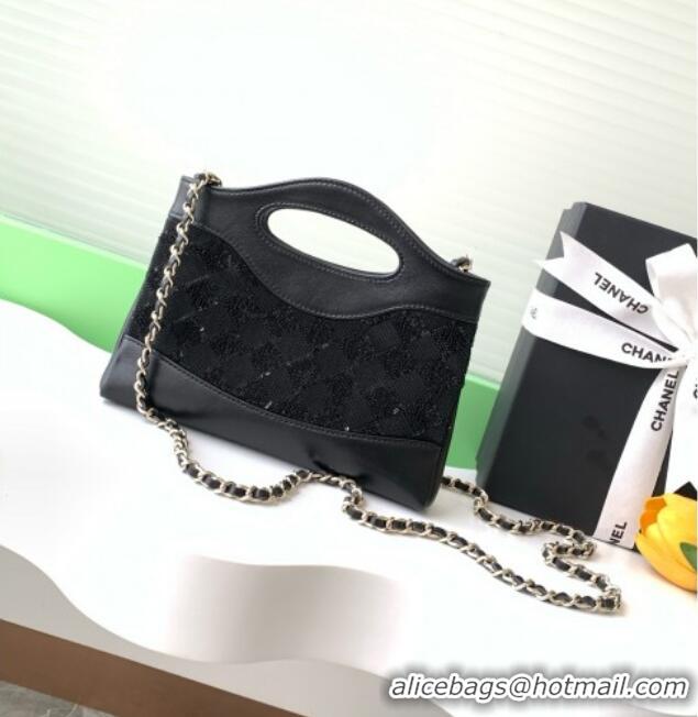 Shop Grade Chanel Sequins East-West Mini 31 Shopping Bag AS3656 Black 2025