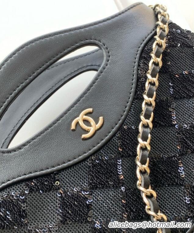 Shop Grade Chanel Sequins East-West Mini 31 Shopping Bag AS3656 Black 2025