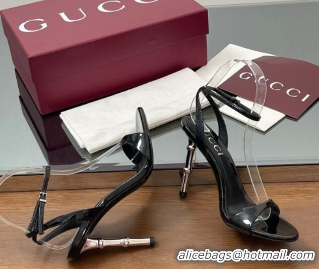 Good Quality Gucci Patent Leather Sandals 9.5cm with Bamboo-Effect Heel Black 2025 812999