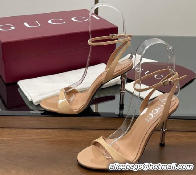 Pretty Style Gucci Patent Leather Sandals 9.5cm with Bamboo-Effect Heel Beige 2025 812999