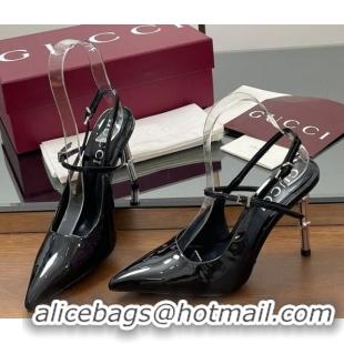 Sumptuous Gucci Patent Leather Slingback Pump 9.5cm with Bamboo-Effect Heel Black 2025 812998
