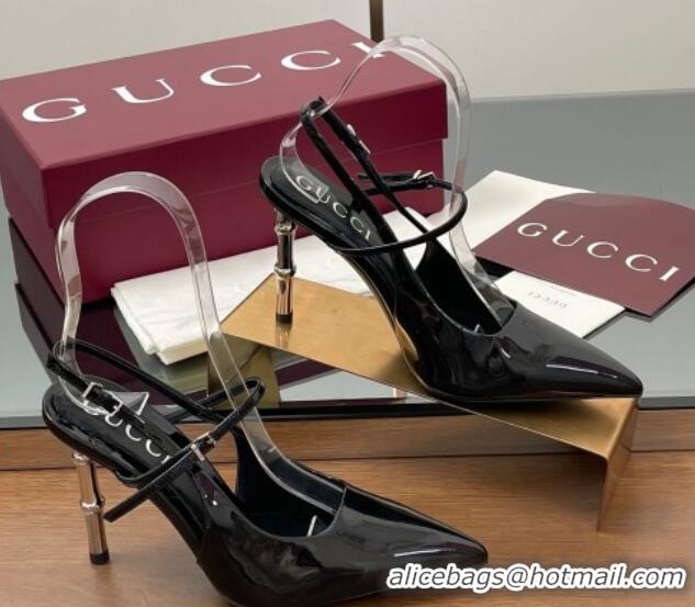 Sumptuous Gucci Patent Leather Slingback Pump 9.5cm with Bamboo-Effect Heel Black 2025 812998