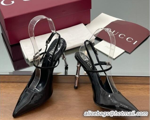 Sumptuous Gucci Patent Leather Slingback Pump 9.5cm with Bamboo-Effect Heel Black 2025 812998