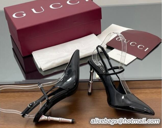 Sumptuous Gucci Patent Leather Slingback Pump 9.5cm with Bamboo-Effect Heel Black 2025 812998