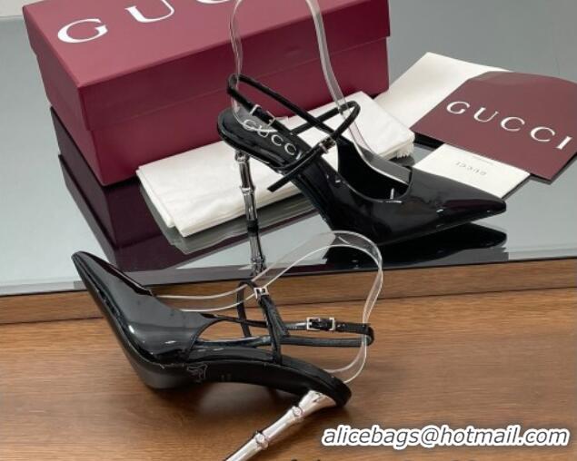 Sumptuous Gucci Patent Leather Slingback Pump 9.5cm with Bamboo-Effect Heel Black 2025 812998