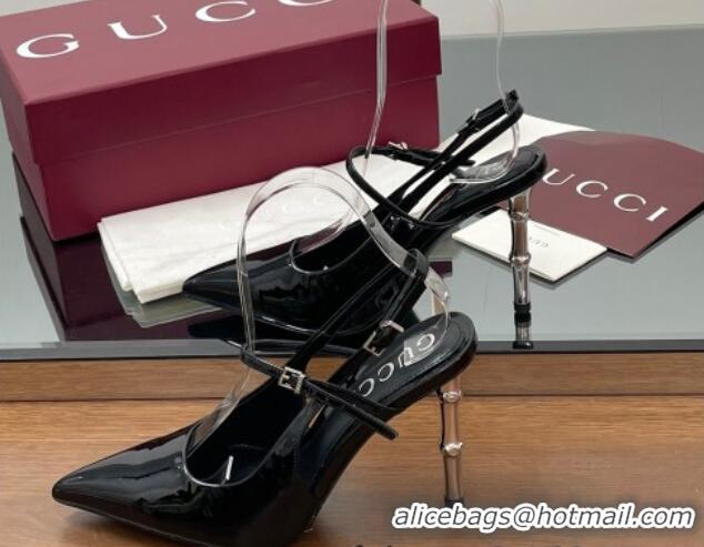 Sumptuous Gucci Patent Leather Slingback Pump 9.5cm with Bamboo-Effect Heel Black 2025 812998