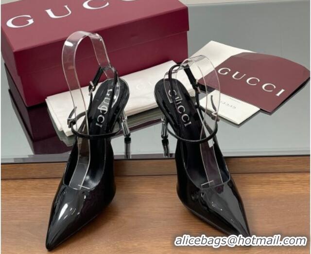 Sumptuous Gucci Patent Leather Slingback Pump 9.5cm with Bamboo-Effect Heel Black 2025 812998