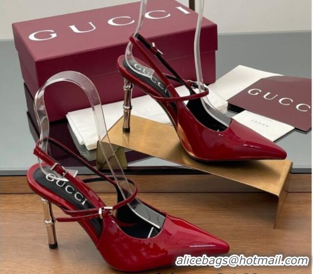 Grade Quality Gucci Patent Leather Slingback Pump 9.5cm with Bamboo-Effect Heel Red 2025 812998