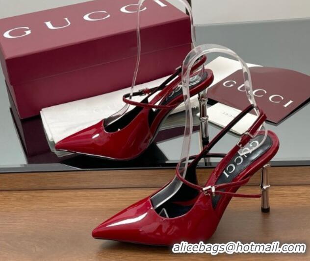 Grade Quality Gucci Patent Leather Slingback Pump 9.5cm with Bamboo-Effect Heel Red 2025 812998