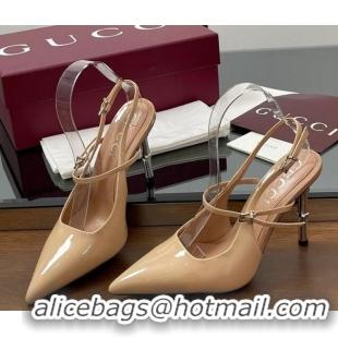 Top Grade Gucci Patent Leather Slingback Pump 9.5cm with Bamboo-Effect Heel Beige 2025 812998