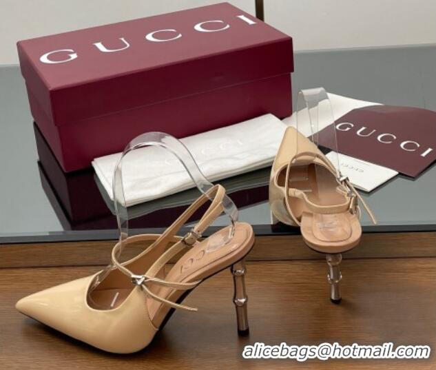 Top Grade Gucci Patent Leather Slingback Pump 9.5cm with Bamboo-Effect Heel Beige 2025 812998