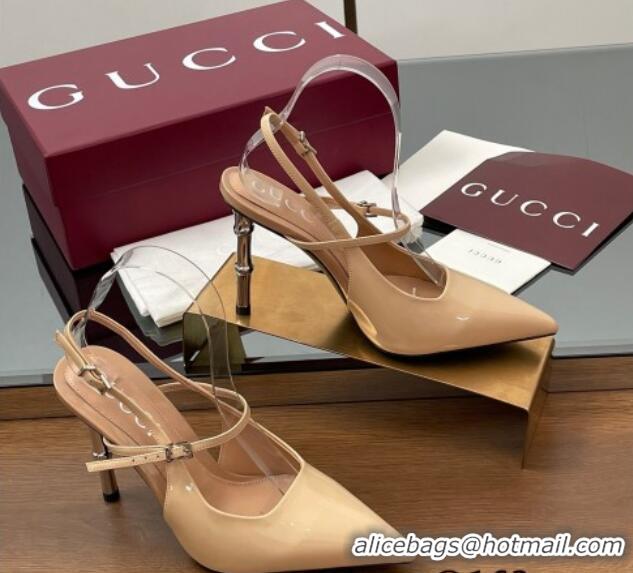 Top Grade Gucci Patent Leather Slingback Pump 9.5cm with Bamboo-Effect Heel Beige 2025 812998