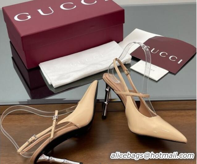 Top Grade Gucci Patent Leather Slingback Pump 9.5cm with Bamboo-Effect Heel Beige 2025 812998