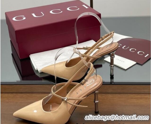 Top Grade Gucci Patent Leather Slingback Pump 9.5cm with Bamboo-Effect Heel Beige 2025 812998