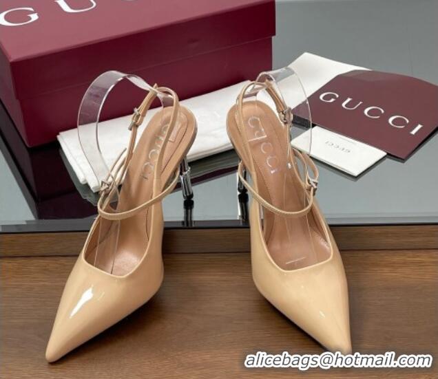 Top Grade Gucci Patent Leather Slingback Pump 9.5cm with Bamboo-Effect Heel Beige 2025 812998