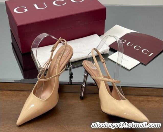 Top Grade Gucci Patent Leather Slingback Pump 9.5cm with Bamboo-Effect Heel Beige 2025 812998