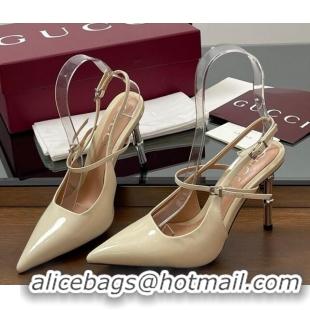 Crafted Gucci Patent Leather Slingback Pump 9.5cm with Bamboo-Effect Heel White 2025 812998 