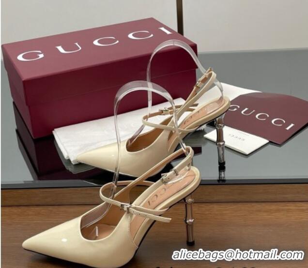 Crafted Gucci Patent Leather Slingback Pump 9.5cm with Bamboo-Effect Heel White 2025 812998 