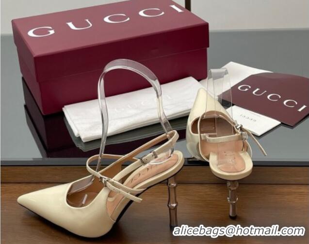 Crafted Gucci Patent Leather Slingback Pump 9.5cm with Bamboo-Effect Heel White 2025 812998 