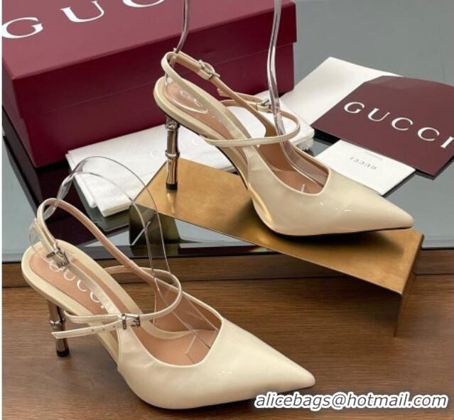 Crafted Gucci Patent Leather Slingback Pump 9.5cm with Bamboo-Effect Heel White 2025 812998 
