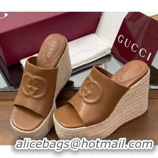 Best Grade Gucci Leather Interlocking G Wedge Slides Sandal 11cm Brown 2025 817212
