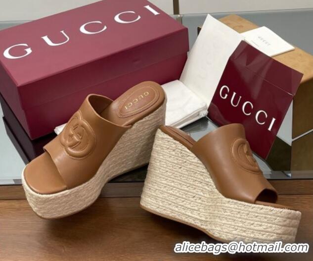 Best Grade Gucci Leather Interlocking G Wedge Slides Sandal 11cm Brown 2025 817212