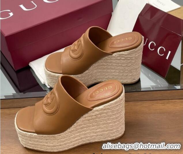 Best Grade Gucci Leather Interlocking G Wedge Slides Sandal 11cm Brown 2025 817212