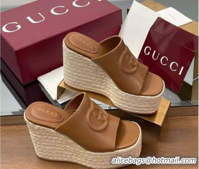 Best Grade Gucci Leather Interlocking G Wedge Slides Sandal 11cm Brown 2025 817212