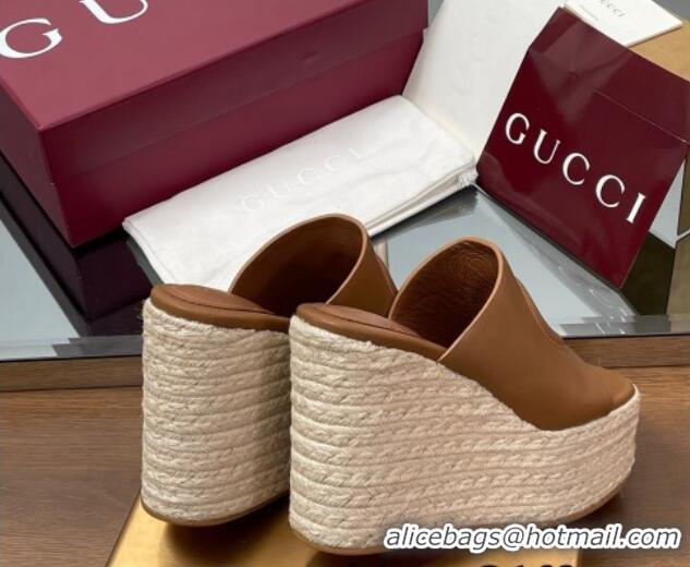 Best Grade Gucci Leather Interlocking G Wedge Slides Sandal 11cm Brown 2025 817212