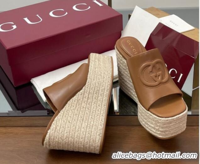 Best Grade Gucci Leather Interlocking G Wedge Slides Sandal 11cm Brown 2025 817212