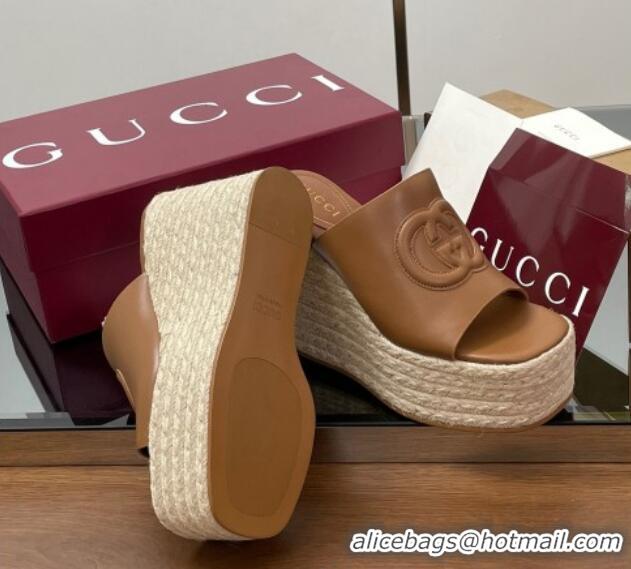 Best Grade Gucci Leather Interlocking G Wedge Slides Sandal 11cm Brown 2025 817212