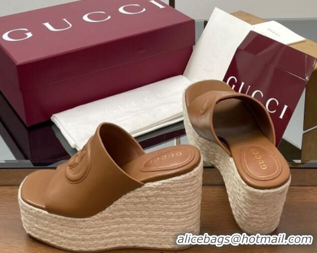 Best Grade Gucci Leather Interlocking G Wedge Slides Sandal 11cm Brown 2025 817212